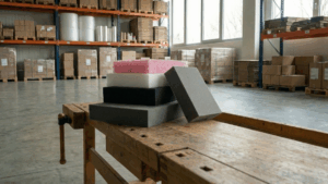 Diferentes tipos de espuma para embalaje técnico sobre mesa de taller