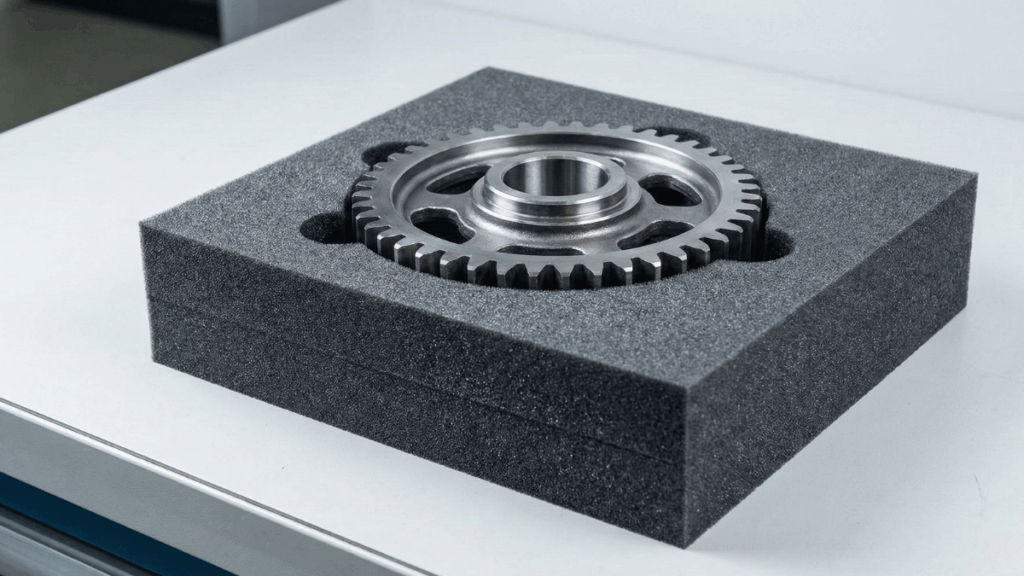 Primer plano de una pieza metálica de precisión perfectamente protegida dentro de un embalaje de espuma técnica a medida