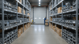 Vista interior de un almacén industrial organizado con estanterías metálicas y cajas estandarizadas para optimizar el almacenamiento.