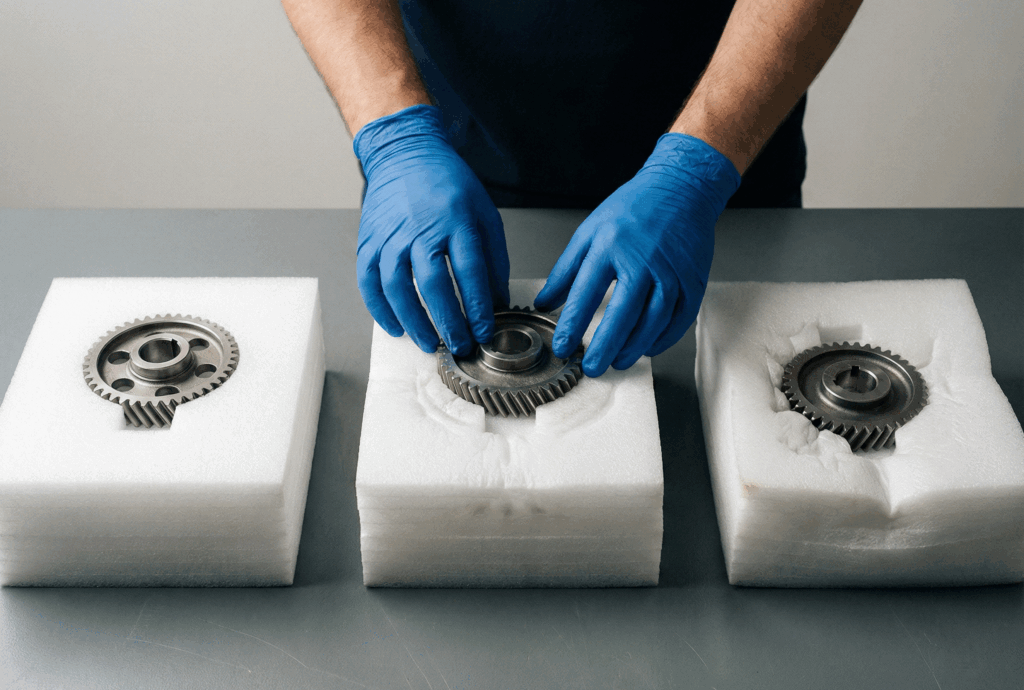 Comparativa de tres etapas de vida útil de un inserto de espuma para engranajes industriales. A la izquierda, espuma de polietileno nueva con ajuste de precisión. En el centro, espuma con signos de compresión tras uso moderado. A la derecha, fallo total del embalaje con deformaciones profundas y pérdida de soporte estructural por elección de material inadecuado. Manos con guantes manipulan la pieza central en un entorno de control de calidad.