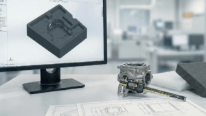 diseño de solucion de embalaje en pantalla ordenador. Sobre la mesa la pieza a proteger y eleccion de material