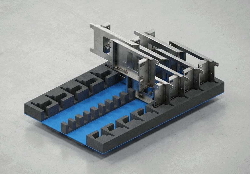 Diseño de embalaje técnico para la optimización de espacio y almacenaje de piezas metálicas.