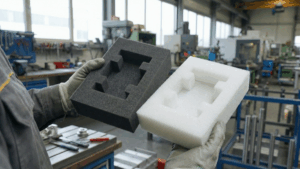 Primer plano de un operario en un taller industrial sujetando dos muestras de embalaje técnico con cavidades idénticas. A la izquierda, una espuma gris oscura de poro fino; a la derecha, un bloque de Stratocell E blanco con su característica textura de celdas cerradas, mostrando la diferencia de materiales para protección de piezas.