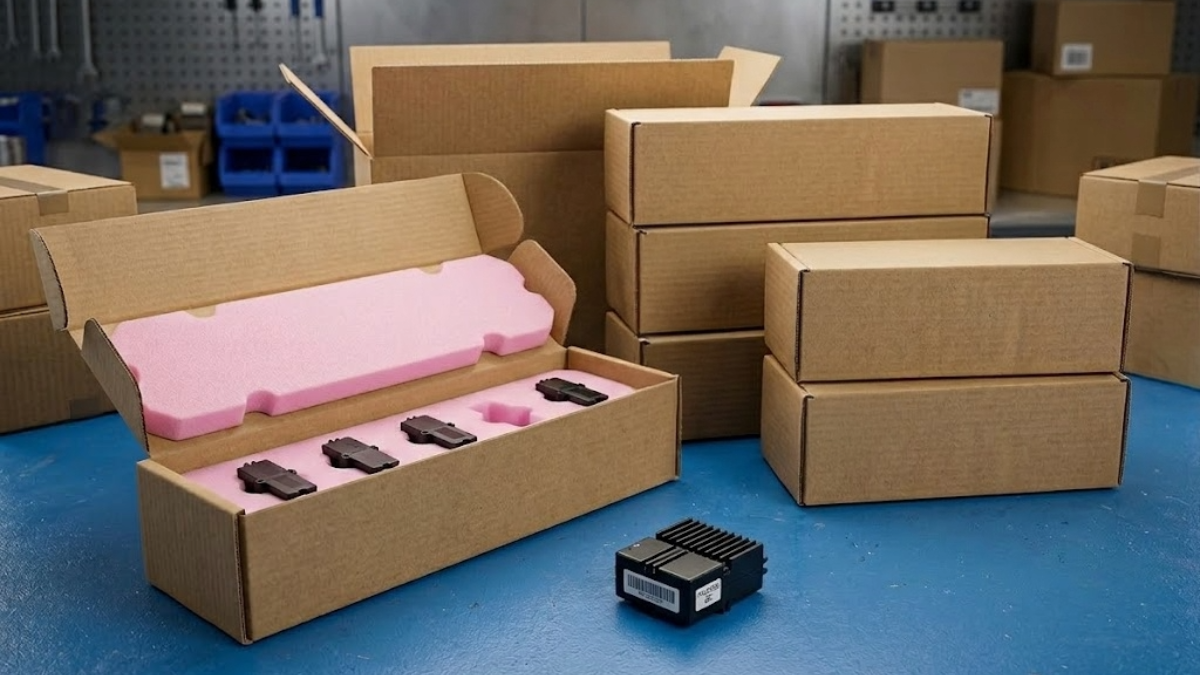 Caja abierta con inserto de espuma antiestática rosa y componentes electrónicos encajados, en entorno de almacén industrial