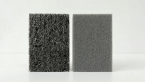 Dos bloques de espuma técnica sobre fondo blanco: poliuretano de célula abierta a la izquierda y polietileno de célula cerrada a la derecha