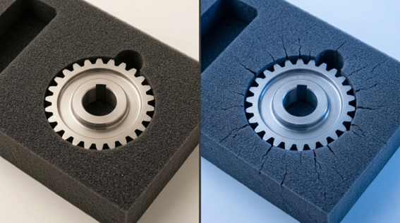 Comparativa de espuma en buen estado y espuma agrietada por degradación ambiental en embalaje industrial