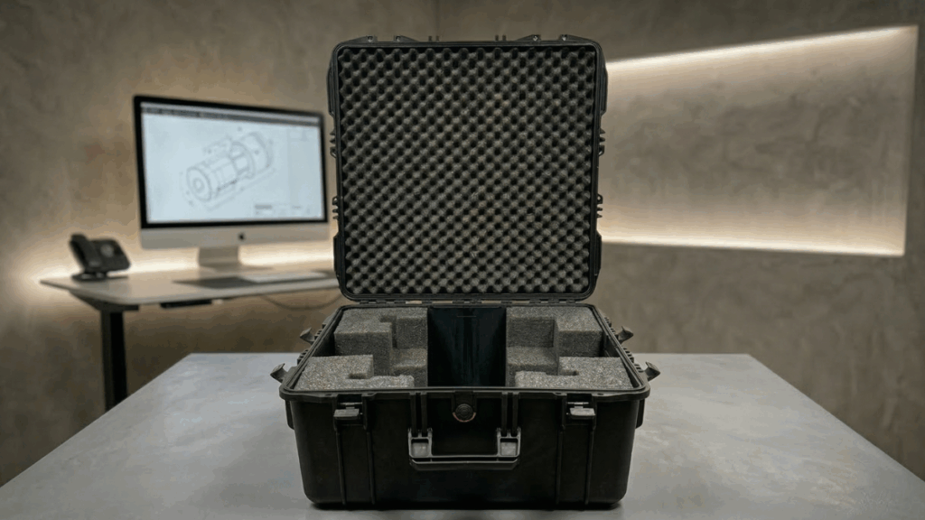 Maleta industrial abierta con insertos de espuma de polietileno cortados a medida en el interior