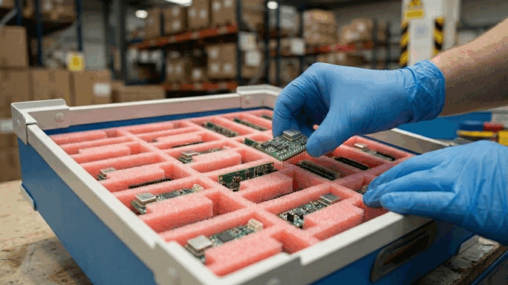 Operario con guantes manipulando placas electrónicas en bandeja de polipropileno con insertos de espuma antiestática rosa en almacén industrial