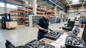 Técnico industrial colocando piezas de precisión en maletín con insertos de espuma a medida en entorno de almacén industrial