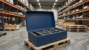Caja de embalaje industrial azul con interior de espuma personalizada en corte a medida, abierta sobre palé en almacén logístico