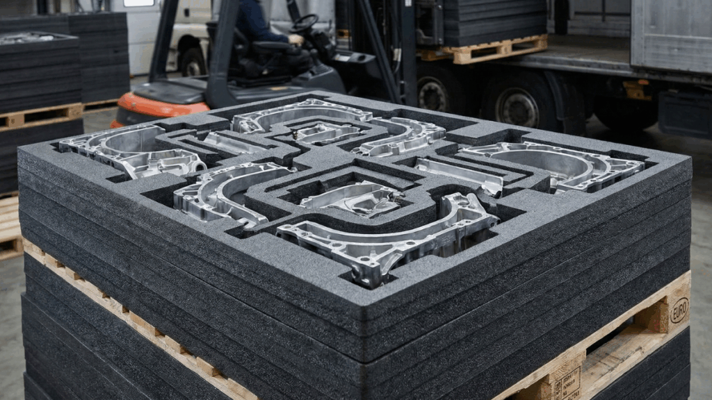 Bandeja de espuma técnica con cortes personalizados sujetando piezas industriales de aluminio mecanizado, apilada en palé euroestándar en nave industrial