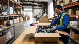 Un trabajador de almacén, con chaleco de alta visibilidad, gafas de seguridad y guantes, inserta cuidadosamente una placa de circuito electrónico en un inserto de espuma protectora precortado dentro de una caja de cartón abierta. Está de pie en una mesa de embalaje de madera en un gran almacén industrial, rodeado de estanterías altas llenas de cajas y una carretilla elevadora en el fondo.