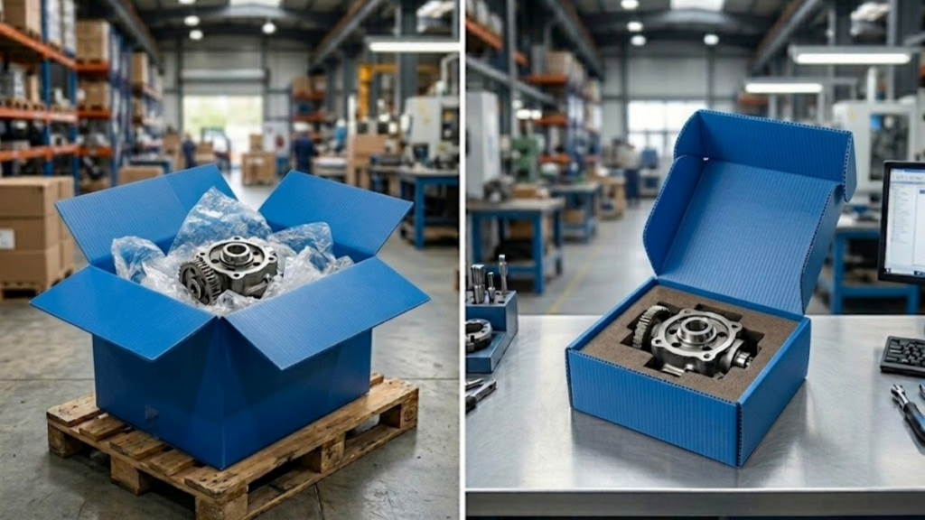 Imagen en pantalla dividida que muestra una comparativa técnica de embalaje. En el lado izquierdo, una caja de cartón estándar sobredimensionada con una pieza mecánica pequeña y mucho relleno de plástico de burbujas, evidenciando el espacio vacío innecesario. En el lado derecho, la solución optimizada: una caja de polipropileno alveolar azul con perfiles de espuma técnica cortados a medida que ofrecen un ajuste perfecto y mayor protección sin holguras.