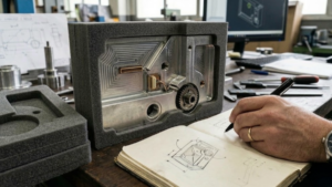 Primer plano de una pieza industrial metálica de alta precisión encajada en un inserto de espuma técnica gris diseñado a medida. En la escena se observa la mano de un técnico realizando bocetos y anotaciones en un cuaderno de trabajo, rodeado de herramientas de medición en un entorno de taller profesional.