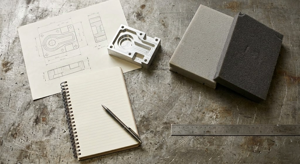 Vista cenital detallada de un banco de trabajo de metal industrial pesadamente rayado y usado. En el centro, un cuaderno de espiral abierto con páginas con líneas y un bolígrafo plateado descansando sobre él. A la izquierda, un plano técnico de ingeniería detallado con cotas se encuentra junto a la pieza de metal mecanizada CNC real que representa. A la derecha hay dos bloques rectangulares de espuma de embalaje (gris claro y gris oscuro), con un hueco en el bloque más claro que sugiere el embalaje para la pieza de metal. Varias herramientas de precisión, como un pie de rey (calibre) con virutas de metal y una regla, están dispuestas en la esquina superior izquierda. Una llave inglesa desgastada y oxidada está en la parte inferior. La escena ilustra de forma auténtica el proceso de diseño y fabricación industrial.