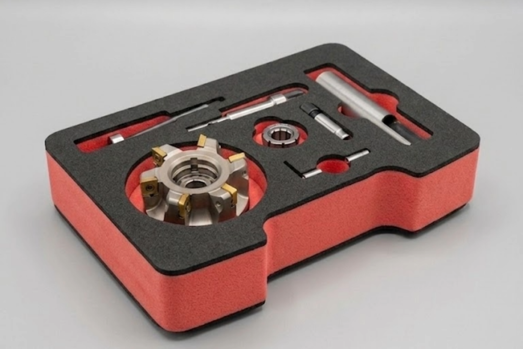 Fotografía de estudio con fondo neutro gris de una bandeja de espuma técnica bicolor en rojo y negro. La bandeja contiene herramientas de mecanizado industrial, incluyendo una fresa circular de gran tamaño y diversas piezas metálicas de precisión, todas perfectamente encajadas en compartimentos a medida para su organización y protección.