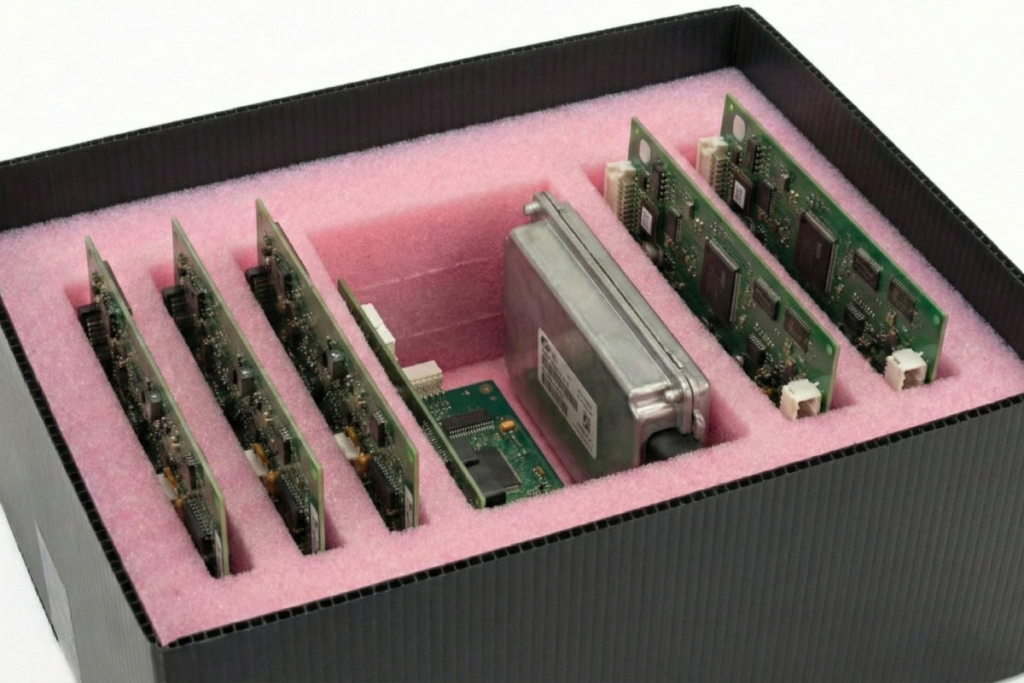 Una toma en ángulo de una caja negra de cartón corrugado que contiene un inserto de espuma de polietileno rosa antiestático (ESD) troquelado a medida. La espuma sostiene una variedad de componentes electrónicos en ranuras ajustadas. En el lado izquierdo, hay seis placas de circuito impreso (PCB) idénticas y pobladas. En el centro, hay una placa de circuito más pequeña y un módulo metálico rectangular plateado con una carcasa de aluminio fundido. En el lado derecho, hay dos placas de circuito impreso más grandes. Todos los componentes están organizados de forma segura para el transporte, mostrando una solución de embalaje de protección antiestática para dispositivos sensibles.