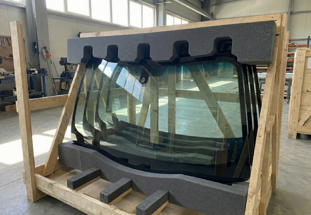 Un parabrisas de gran tamaño está de pie sobre un soporte de madera y sujeto por dos grandes bloques de espuma perfilados en la parte superior e inferior.