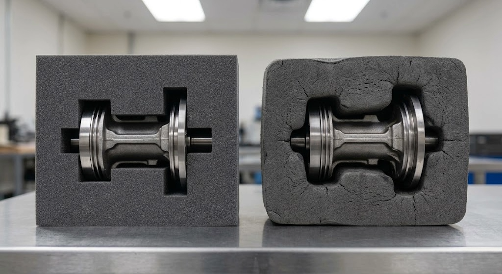 Una fotografía de comparación directa muestra el mismo componente mecánico metálico complejo y pulido sobre una mesa de acero inoxidable. A la izquierda, el componente está perfectamente encajado en un bloque de espuma de precisión de color gris oscuro, con bordes nítidos y cortes limpios, representando un estado nuevo y bien protegido. A la derecha, el mismo componente está en un bloque de material de embalaje (como espuma vieja o pulpa moldeada) notablemente degradado, descolorido (gris claro polvoriento), agrietado y desmoronado, con los bordes redondeados y el ajuste deformado, mostrando signos de desgaste extremo y falta de protección. El fondo es un entorno de laboratorio o taller industrial.